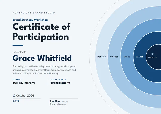 Sky Blue Orbit Brand Strategy Workshop Certificate template, A4 landscape, in sky blue
