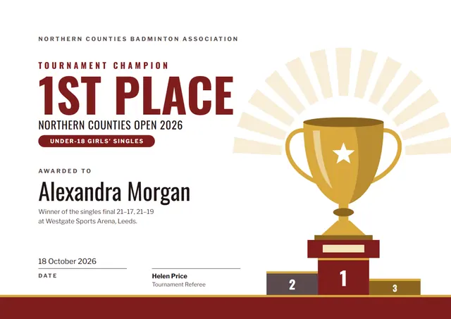 Crimson Trophy Tournament First Place Award template, A4 landscape, in crimson