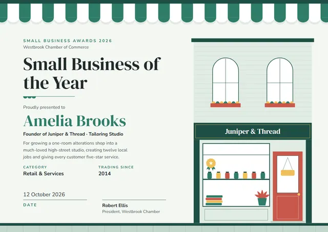 Jade Rosette Small Business Award template, A4 landscape, in jade