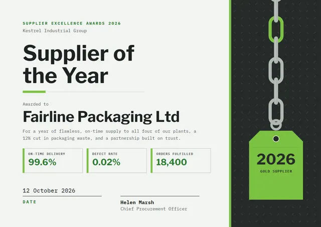 Lime Ticket Supplier of the Year Award template, A4 landscape, in lime