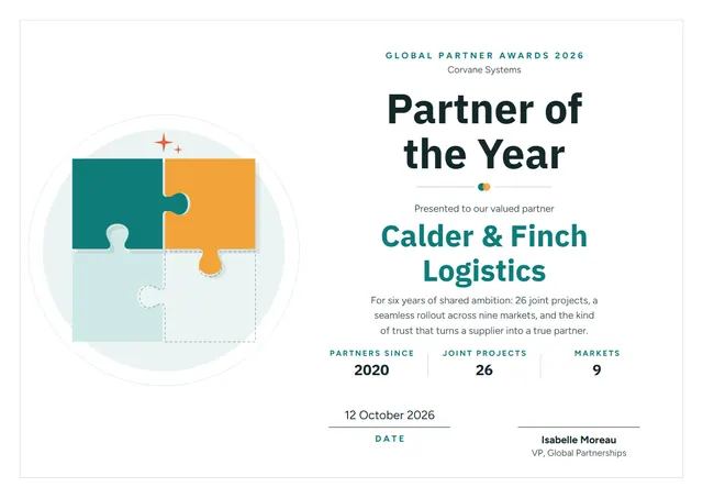 Teal Starry Partner of the Year Award template, A4 landscape, in teal