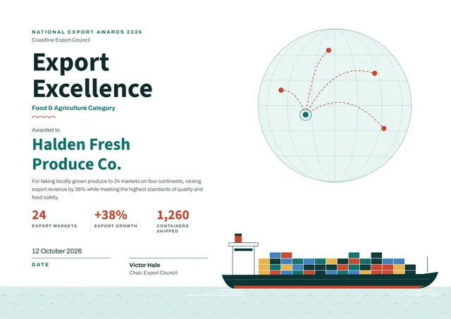 Terracotta Wave Export Excellence Award template, A4 landscape, in terracotta