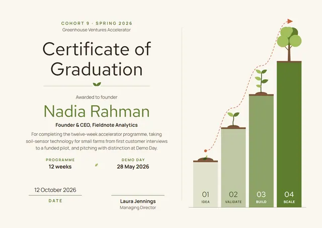 Olive Starry Accelerator Graduation Certificate template, A4 landscape, in olive
