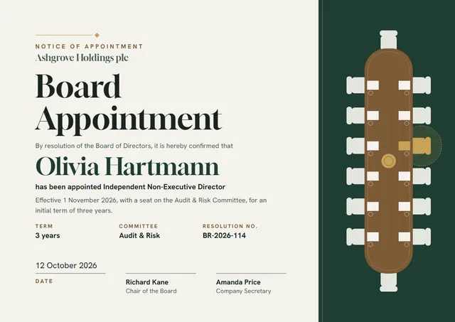 Forest Green Wave Board Appointment Certificate template, A4 landscape, in forest green