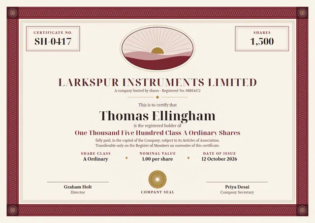 Crimson Rosette Share Certificate template, A4 landscape, in crimson