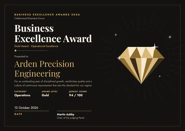 Gold Sunburst Business Excellence Award template, A4 landscape, in gold