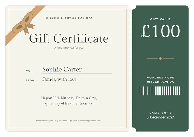 Emerald Ribbon Gift Certificate template, A4 landscape, in emerald