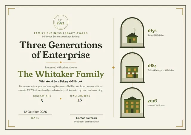 Olive Ornate Family Business Legacy Award template, A4 landscape, in olive