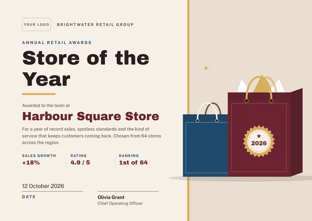 Burgundy Rosette Store of the Year Award template, A4 landscape, in burgundy