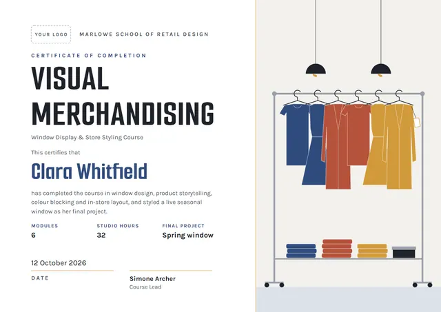 Ocean Blue Wave Visual Merchandising Course Certificate template, A4 landscape, in ocean blue