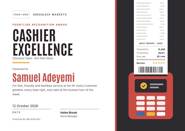 Red Starry Cashier Excellence Award template, A4 landscape, in red