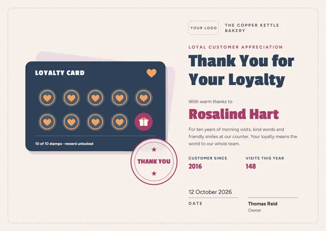 Charcoal Ribbon Loyal Customer Certificate template, A4 landscape, in charcoal grey