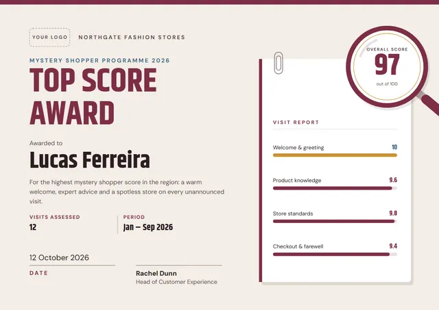 Burgundy Modern Mystery Shopper Top Score Award template, A4 landscape, in burgundy