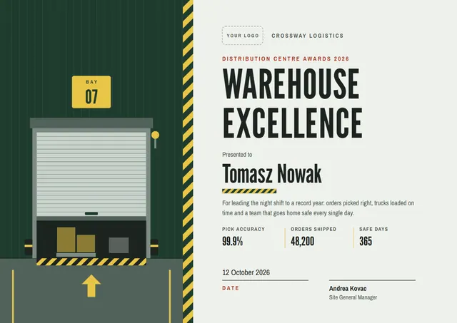 Forest Green Bordered Warehouse Excellence Award template, A4 landscape, in forest green