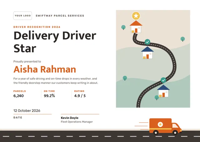 Turquoise Starry Star Delivery Driver Award template, A4 landscape, in turquoise