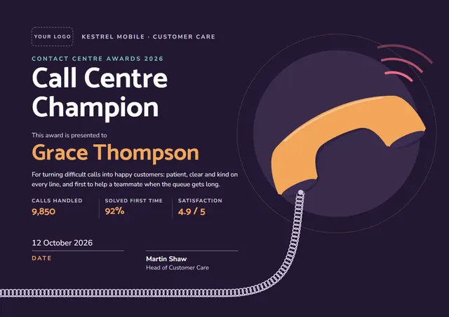 Midnight Modern Call Centre Champion Award template, A4 landscape, in midnight blue