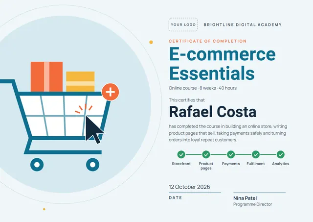 Sunshine Yellow Orbit E-commerce Course Certificate template, A4 landscape, in sunshine yellow