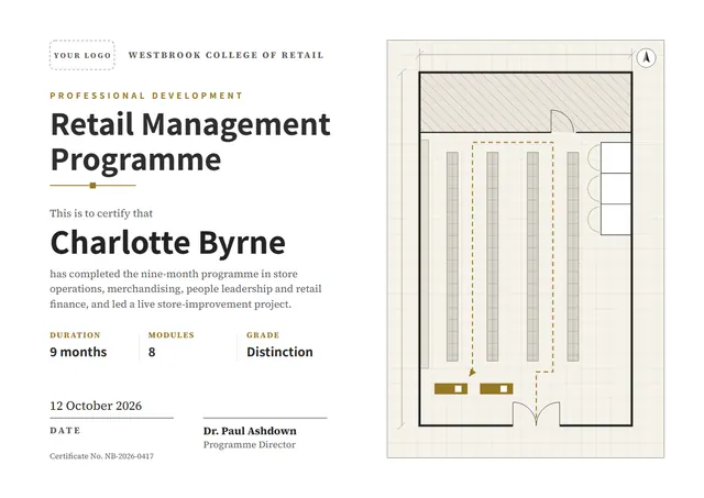 Bronze Globe Retail Management Programme Certificate template, A4 landscape, in bronze