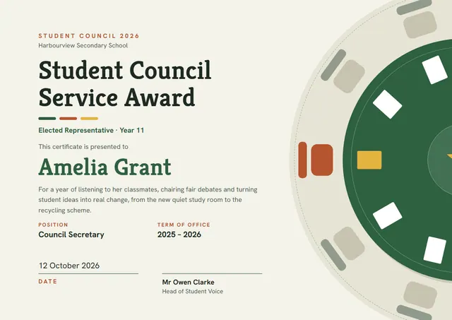 Emerald Starry Student Council Certificate template, A4 landscape, in emerald