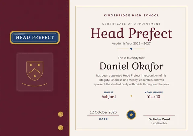 Burgundy Seal Head Prefect Certificate template, A4 landscape, in burgundy