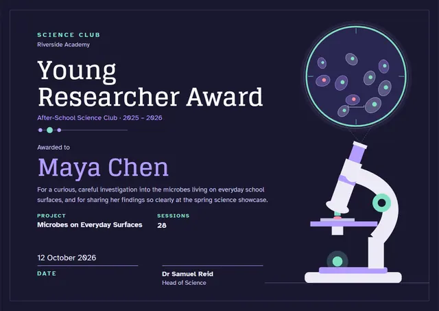 Midnight Double-Border Science Club Certificate template, A4 landscape, in midnight blue