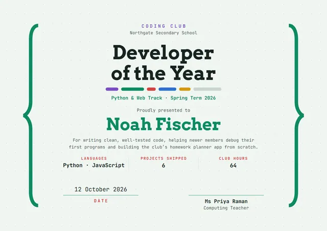 Mint Geometric Coding Club Certificate template, A4 landscape, in mint