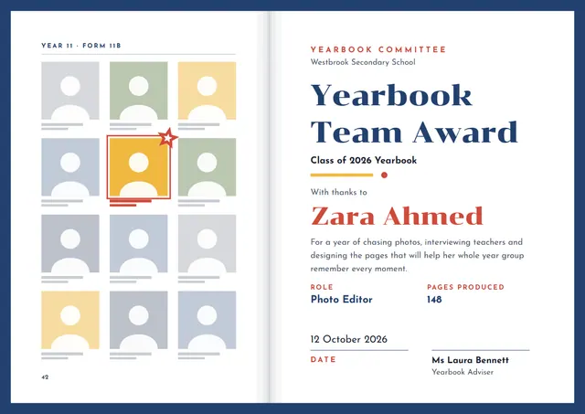 Navy Starry Yearbook Committee Certificate template, A4 landscape, in navy