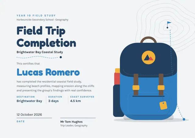 Steel Blue Wave Field Trip Certificate template, A4 landscape, in steel blue