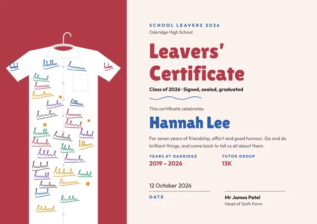 Raspberry Starry School Leavers Certificate template, A4 landscape, in raspberry