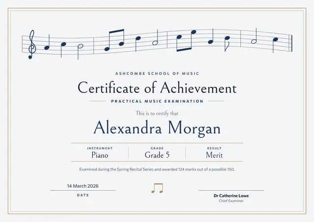 Navy Pennant Music Recital Certificate template, A4 landscape, in navy