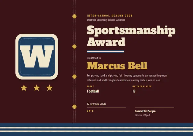 Burgundy Wave Sportsmanship Award template, A4 landscape, in burgundy