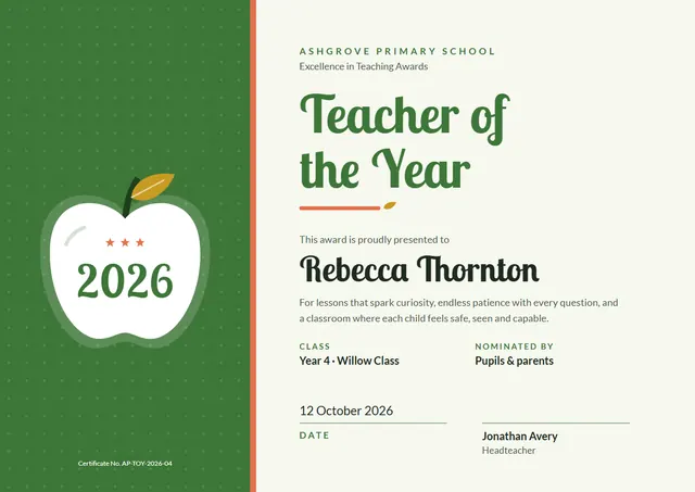 Olive Starry Teacher of the Year Award template, A4 landscape, in olive