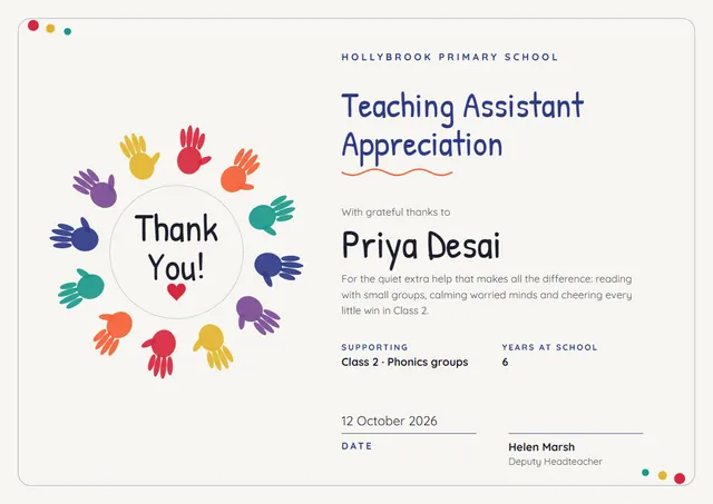Slate Leafy Teaching Assistant Appreciation Certificate template, A4 landscape, in slate grey