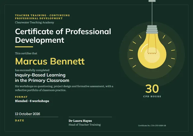 Forest Green Sunburst Teacher Training CPD Certificate template, A4 landscape, in forest green