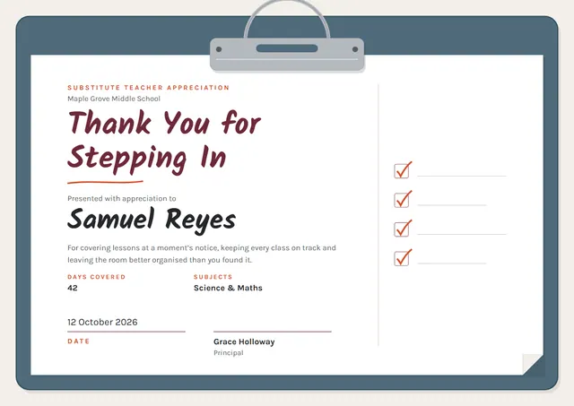 Slate Playful Substitute Teacher Appreciation Certificate template, A4 landscape, in slate grey