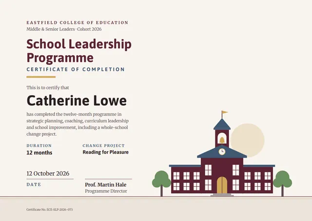 Burgundy Sunburst School Leadership Programme Certificate template, A4 landscape, in burgundy