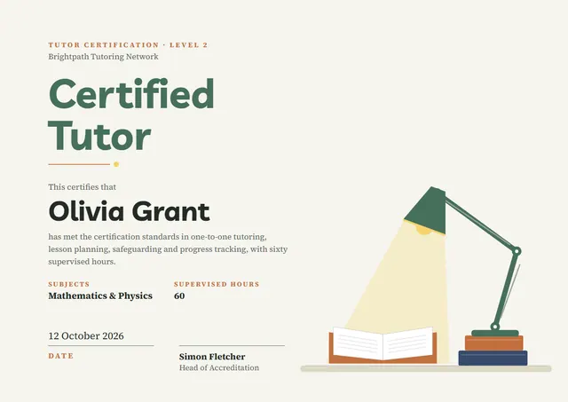 Jade Modern Tutor Certificate template, A4 landscape, in jade