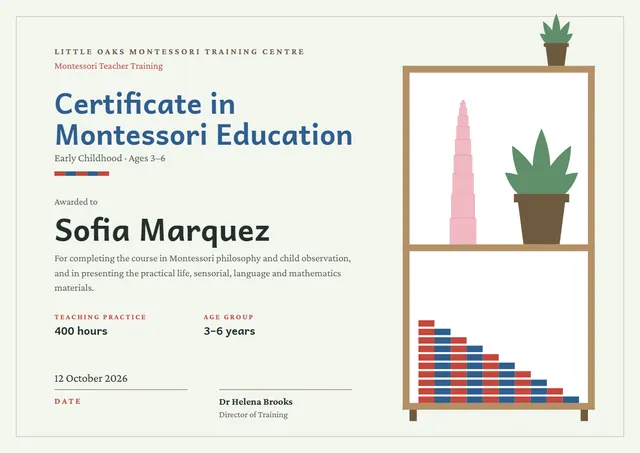 Ocean Blue Leafy Montessori Training Certificate template, A4 landscape, in ocean blue