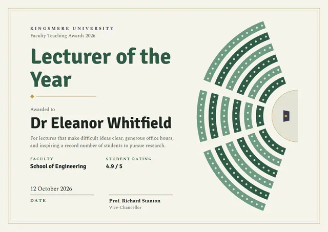 Forest Green Wave Lecturer of the Year Award template, A4 landscape, in forest green