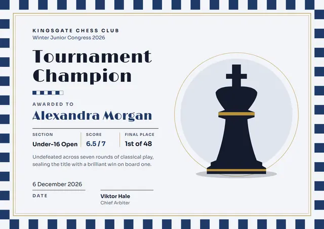 Navy Double-Border Chess Tournament Certificate template, A4 landscape, in navy