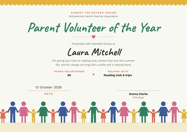 Jade Heart Parent Volunteer Certificate template, A4 landscape, in jade