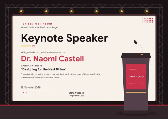 Black Banded Keynote Speaker Certificate template, A4 landscape, in black