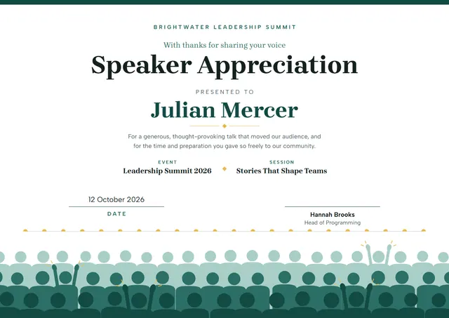 Forest Green Banded Speaker Appreciation Certificate template, A4 landscape, in forest green