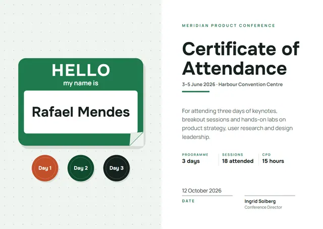 Emerald Badge Conference Attendance Certificate template, A4 landscape, in emerald