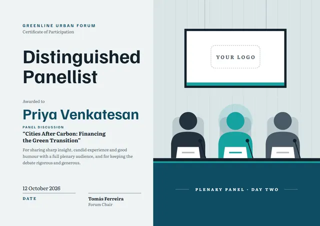 Ocean Blue Wave Panellist Certificate template, A4 landscape, in ocean blue