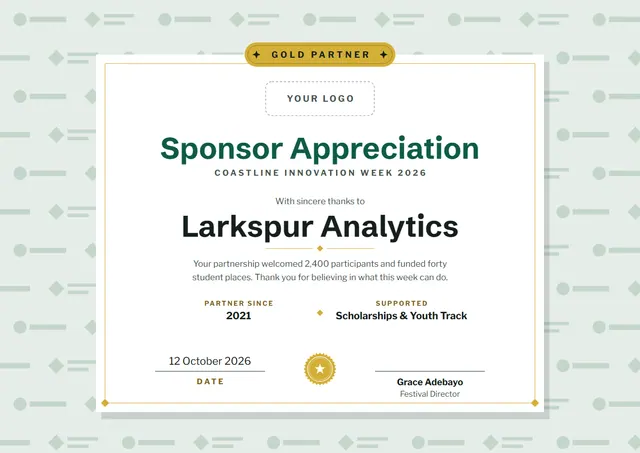 Mint Seal Sponsor Appreciation Certificate template, A4 landscape, in mint