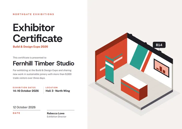 Terracotta Wave Exhibitor Certificate template, A4 landscape, in terracotta