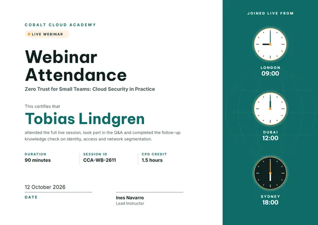 Teal Globe Webinar Attendance Certificate template, A4 landscape, in teal