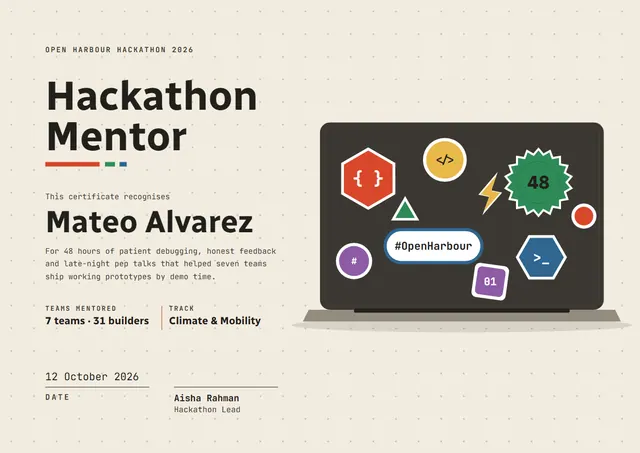 Ocean Blue Badge Hackathon Mentor Certificate template, A4 landscape, in ocean blue