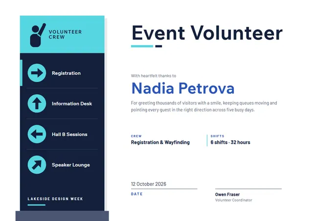 Midnight Banded Event Volunteer Certificate template, A4 landscape, in midnight blue